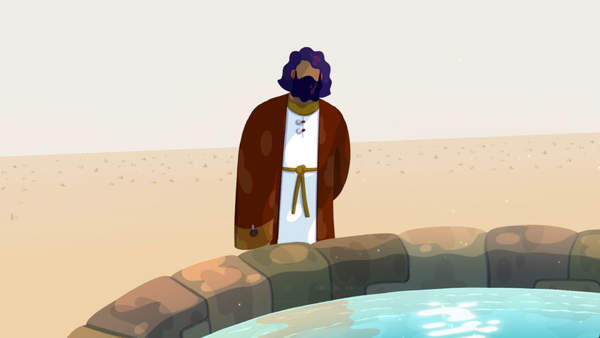 Illustration depicting Jesus standing next to a well