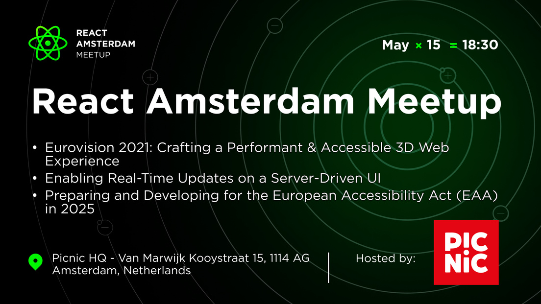 Cover Photo for React Amsterdam Meetup: Crafting a Performant & Accessible 3D Web Experience and more!