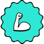 Flexed arm muscle inside a teal circular background with a scalloped edge.