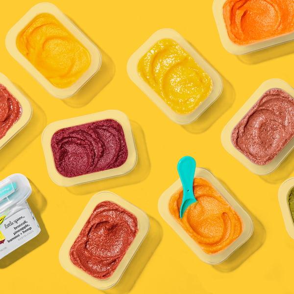 Various open babyblends and closed Tropical Greens Bowl babyblend on mango orange background.