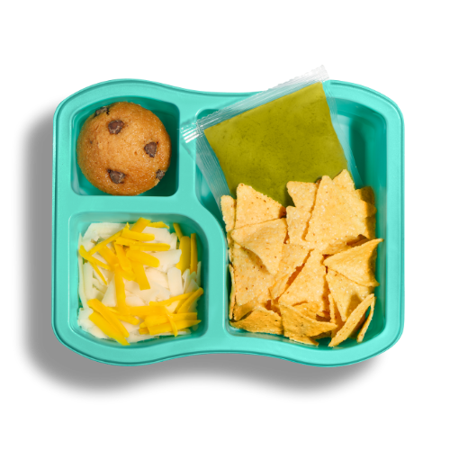 Guac Nacho Dips Luncher with 4 cheese blend, guacamole, mini tortilla chips and  banana chocolate chip muffin