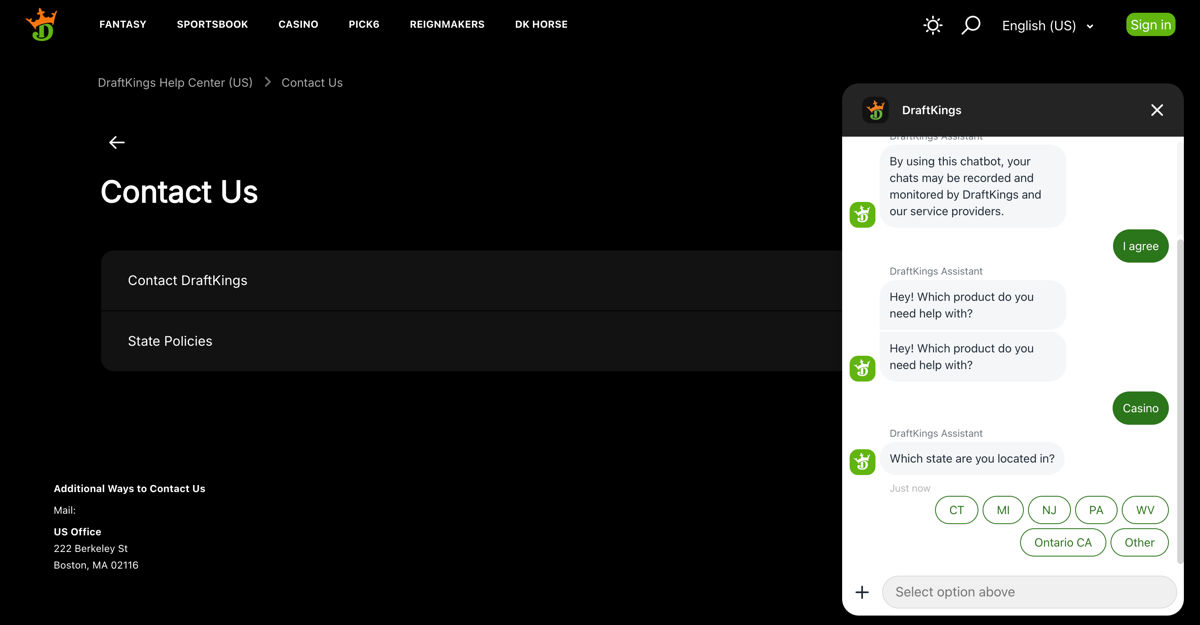 DraftKings Casino Customer Support