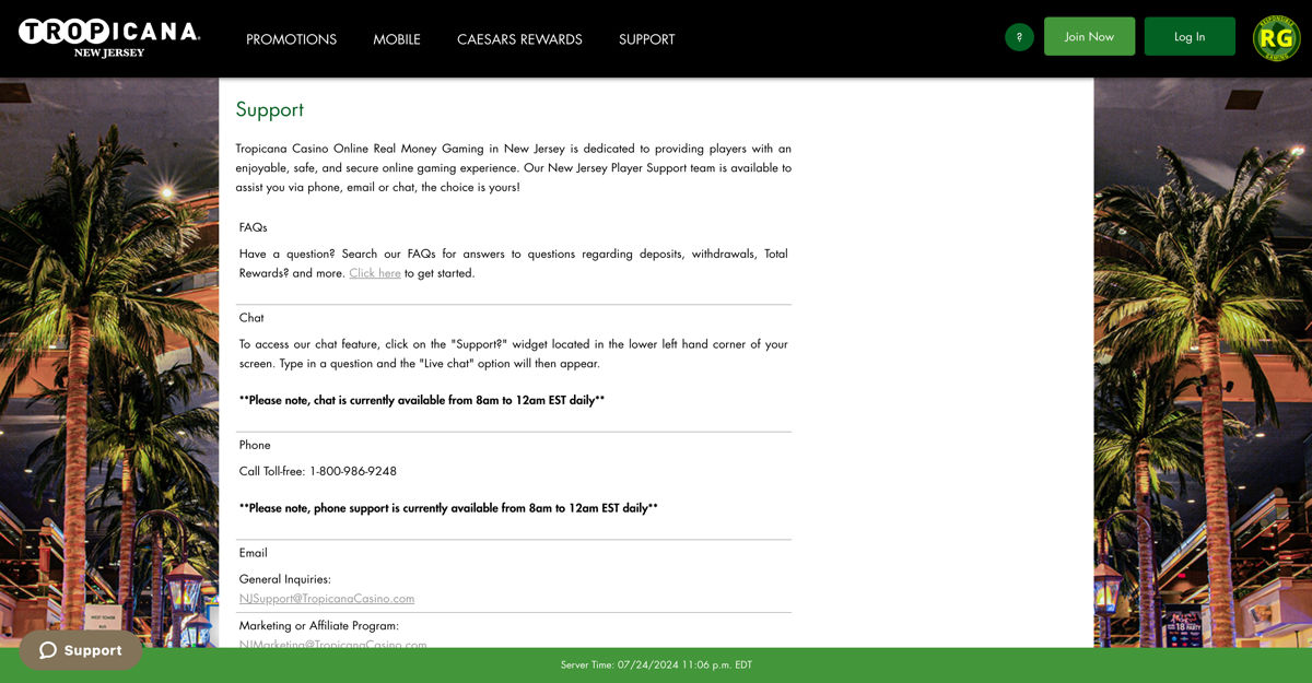 Tropicana Casino Customer Support